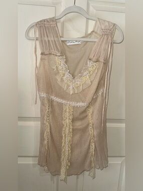 Pretty Angel Cream Vintage beaded Lace Trim silk blend blouse S festival